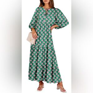 Green Floral Tiered Maxi Dress with Pink Rose Print